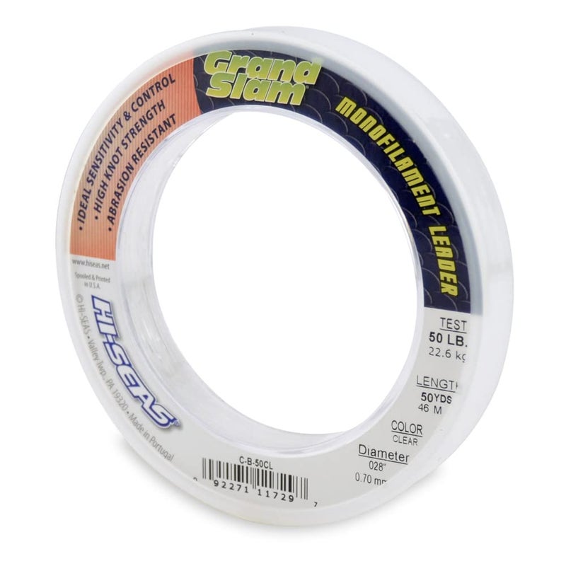 Grand Slam Monofilament Leader, 50 lb / 22.6 kg Test, 028 in / 0.70 mm Dia, Clear, 50 yd / 46 m